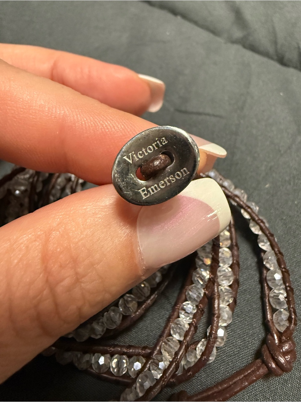 Victoria Emerson Brown Leather Wrap Bracelet with Clear Crystal Beads